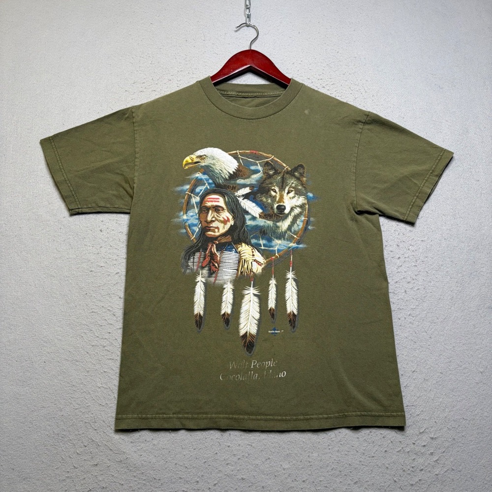 Quality Goods T-Shirt Mens M Green Wolf People Idaho Native American Eagle Y2K